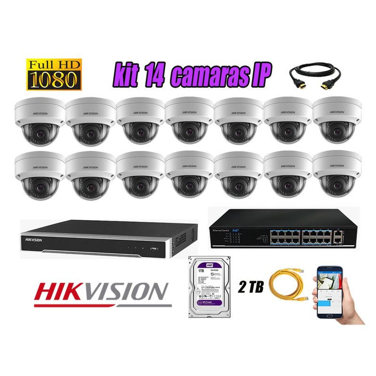 HIKVISION - CAMARAS SEGURIDAD KIT 14 IP 1080P INTERIOR + DISCO 2TB WD PURPURA