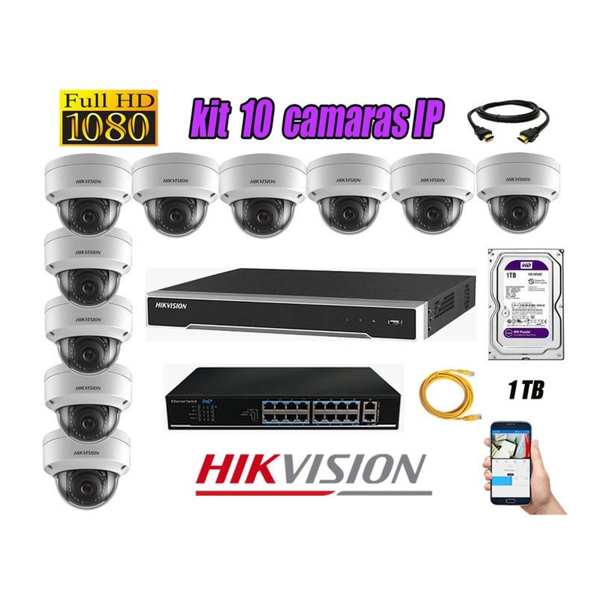 HIKVISION - CAMARAS SEGURIDAD KIT 10 IP 1080P INTERIOR + DISCO 1TB WD PURPURA