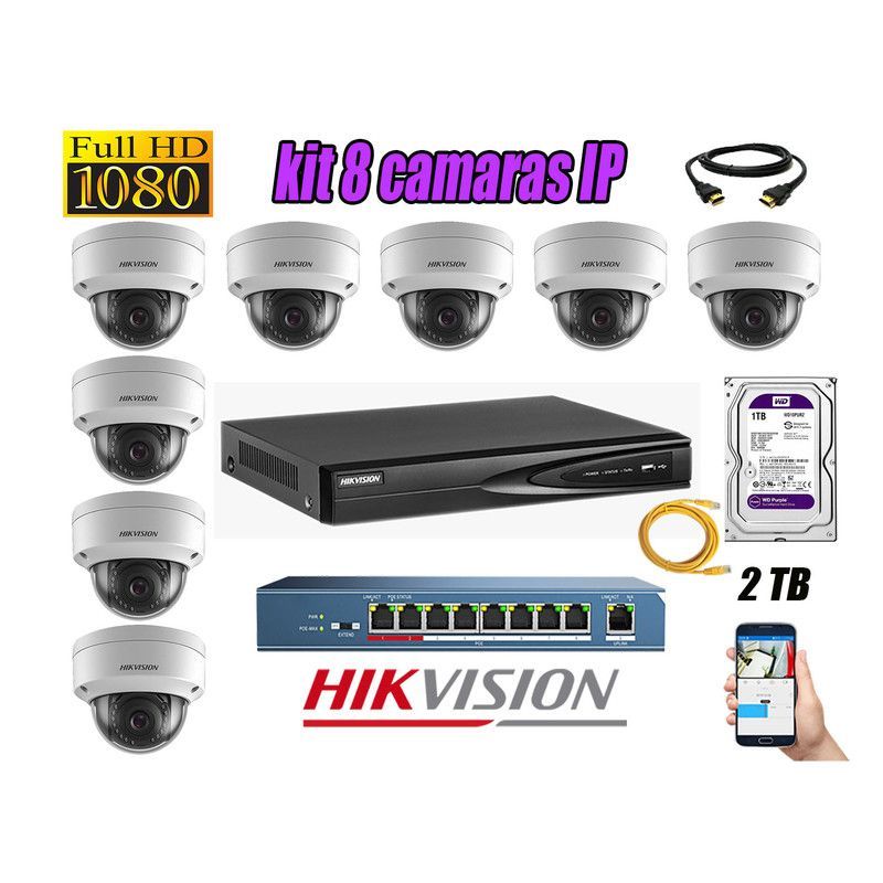 HIKVISION - CAMARAS SEGURIDAD KIT 8 IP 1080P INTERIOR + DISCO 2TB WD PURPURA