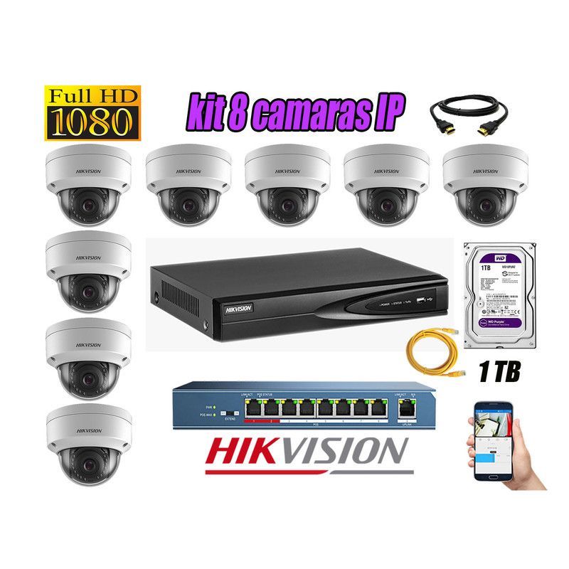 HIKVISION - CAMARAS SEGURIDAD KIT 8 IP 1080P INTERIOR + DISCO 1TB WD PURPURA