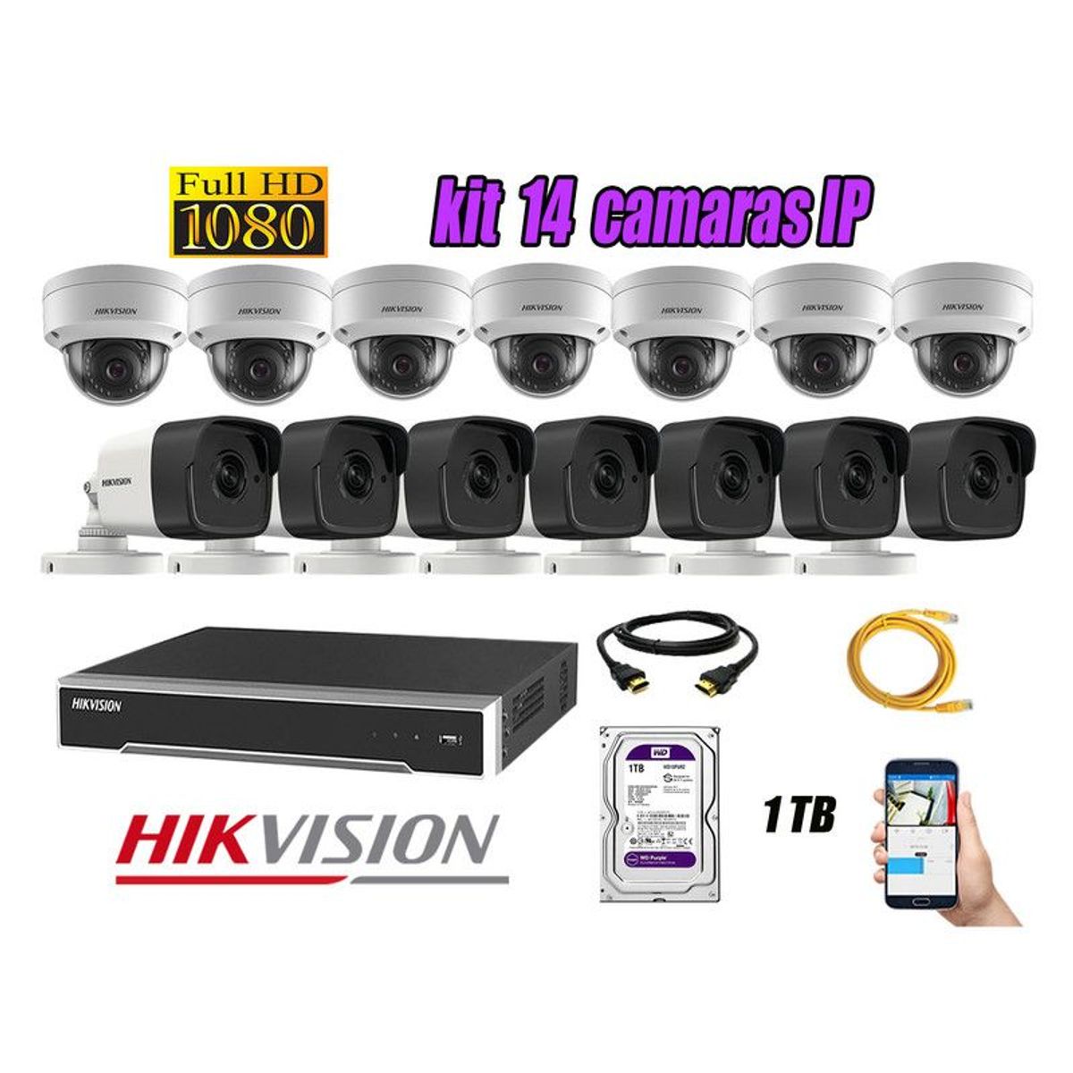 Hikvision - CAMARAS SEGURIDAD KIT 14 IP POE 1080P FULL HD + DISCO 1TB WD PURPURA