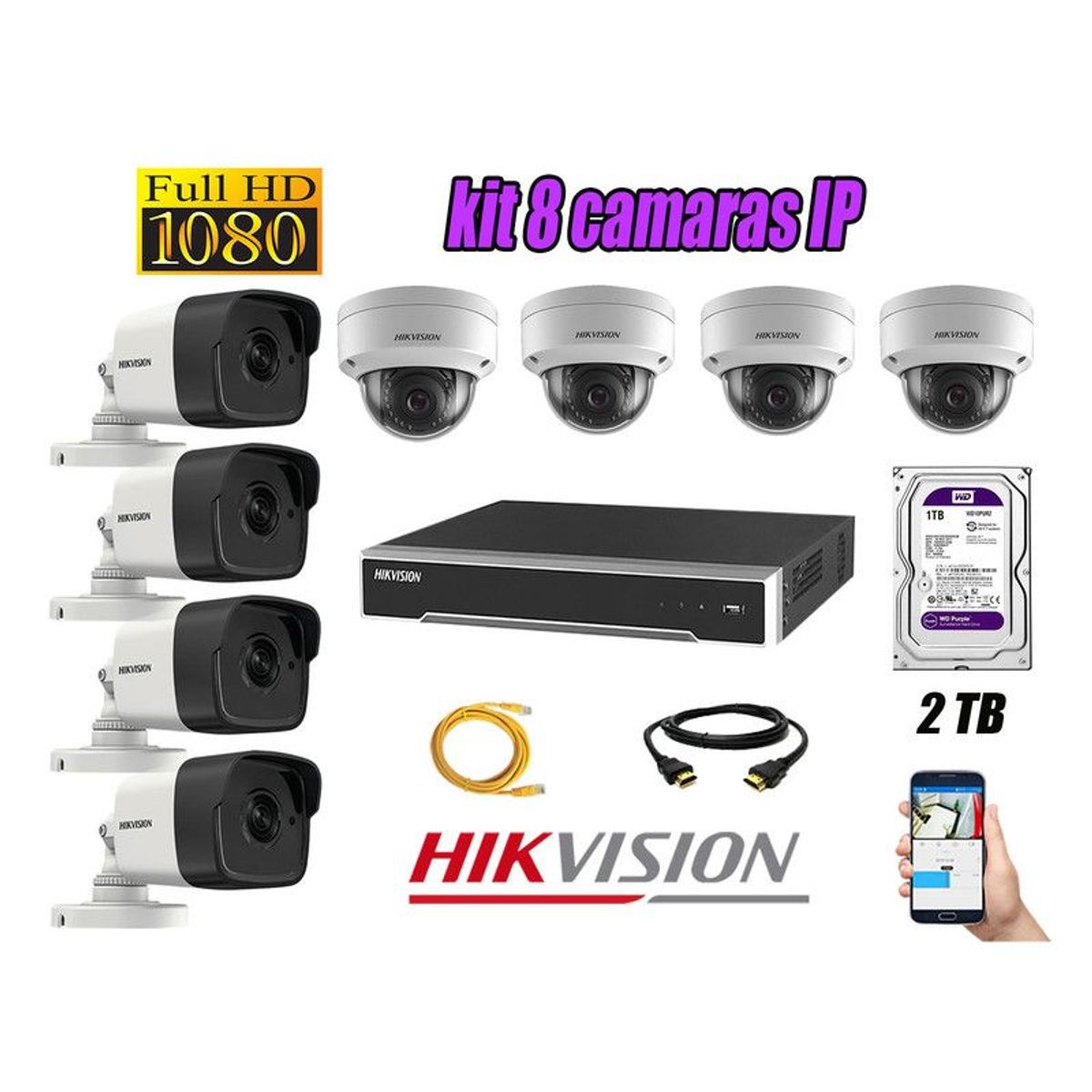 HIKVISION - CAMARAS SEGURIDAD KIT 8 IP POE 1080P FULL HD + DISCO 2TB WD PURPURA