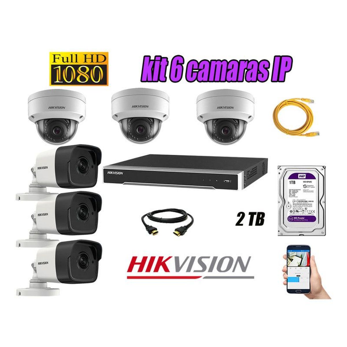 HIKVISION - CAMARAS SEGURIDAD KIT 6 IP POE 1080P FULL HD + DISCO 2TB WD PURPURA