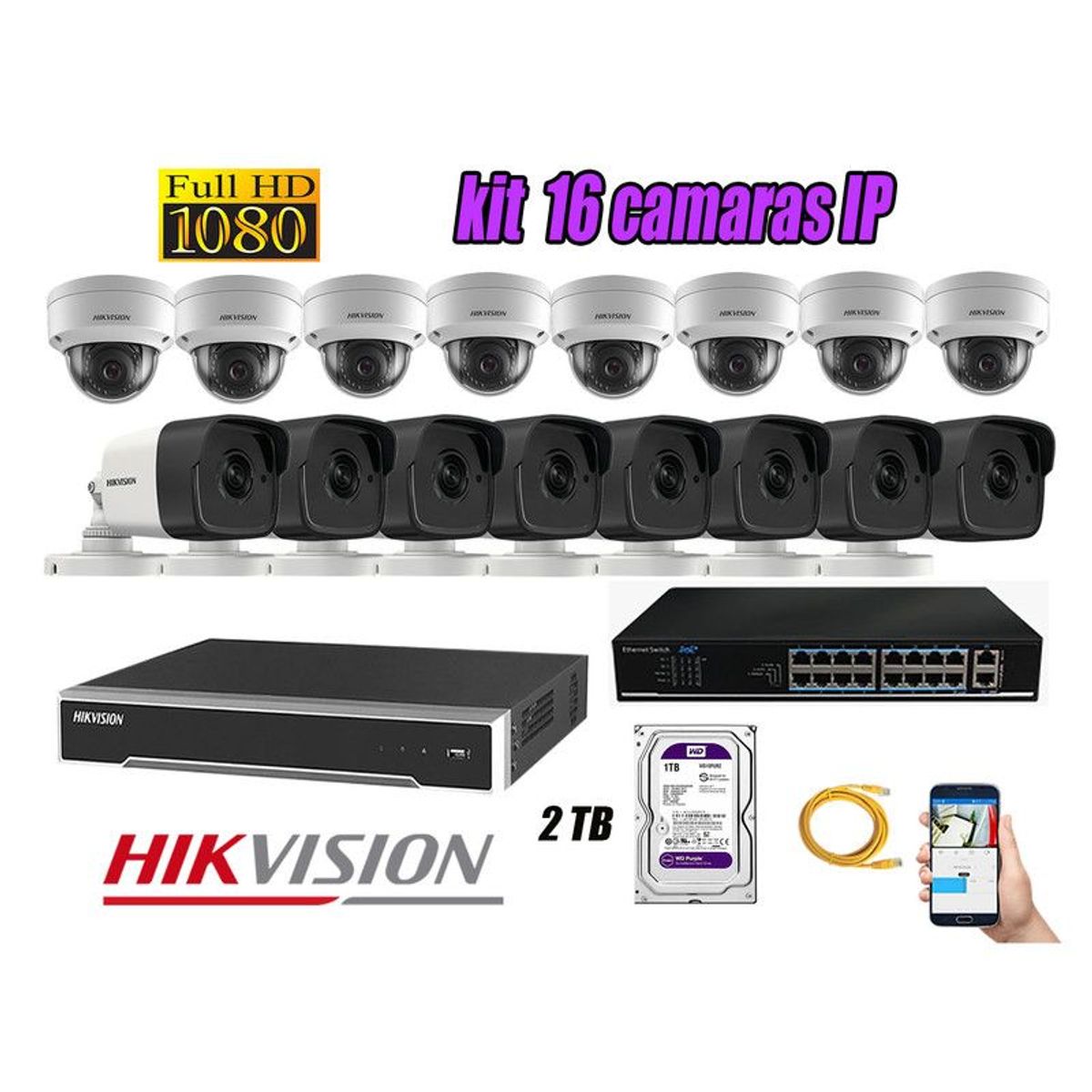 HIKVISION - CAMARAS SEGURIDAD KIT 16 IP 1080P FULL HD + DISCO 2TB WD PURPURA