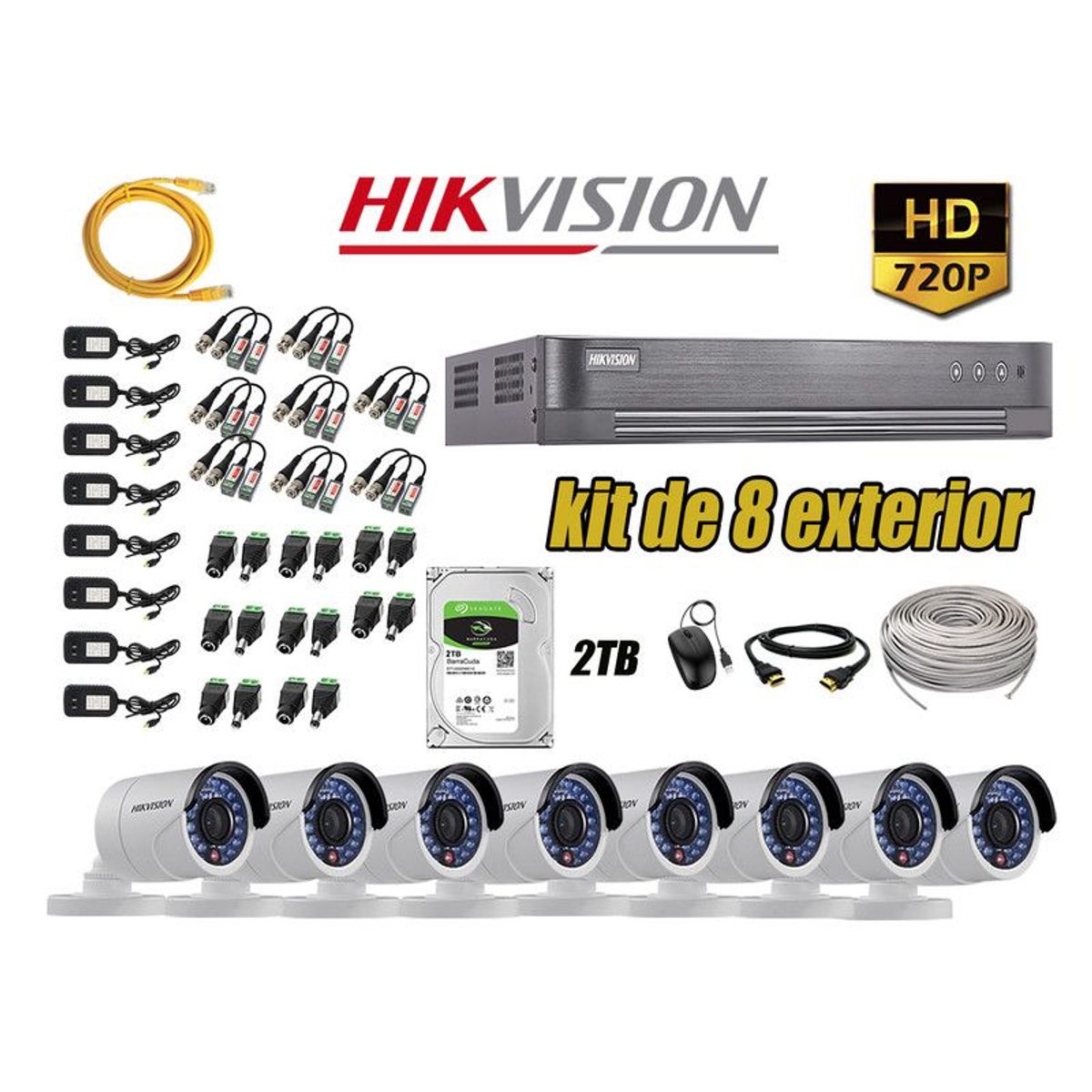 HIKVISION - CÁMARAS SEGURIDAD EXTERIOR KIT 8 HD 720P + DISCO 2TB WD P2P