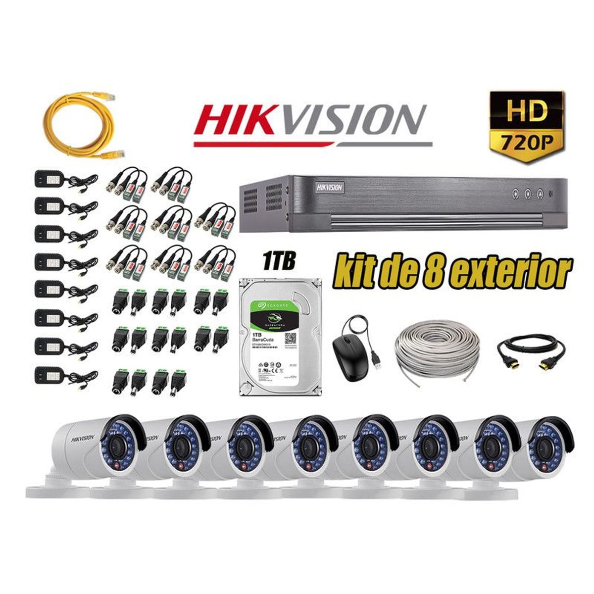 HIKVISION - CÁMARAS SEGURIDAD EXTERIOR KIT 8 HD 720P + DISCO 1TB WD P2P