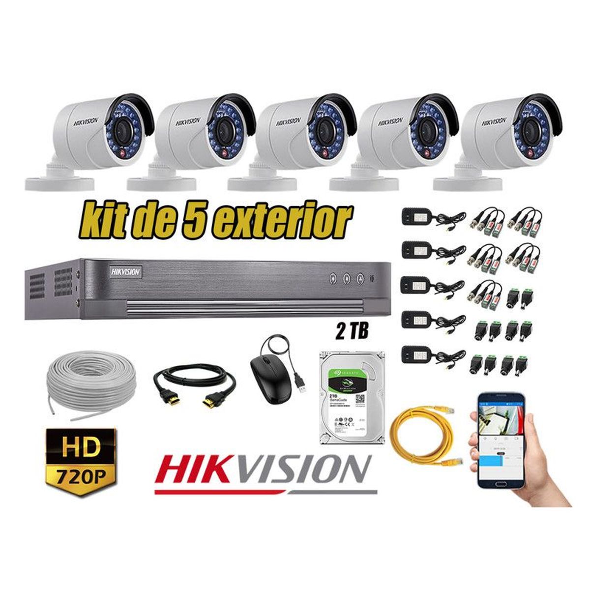 HIKVISION - CÁMARAS SEGURIDAD EXTERIOR KIT 5 HD 720P + DISCO 2TB P2P