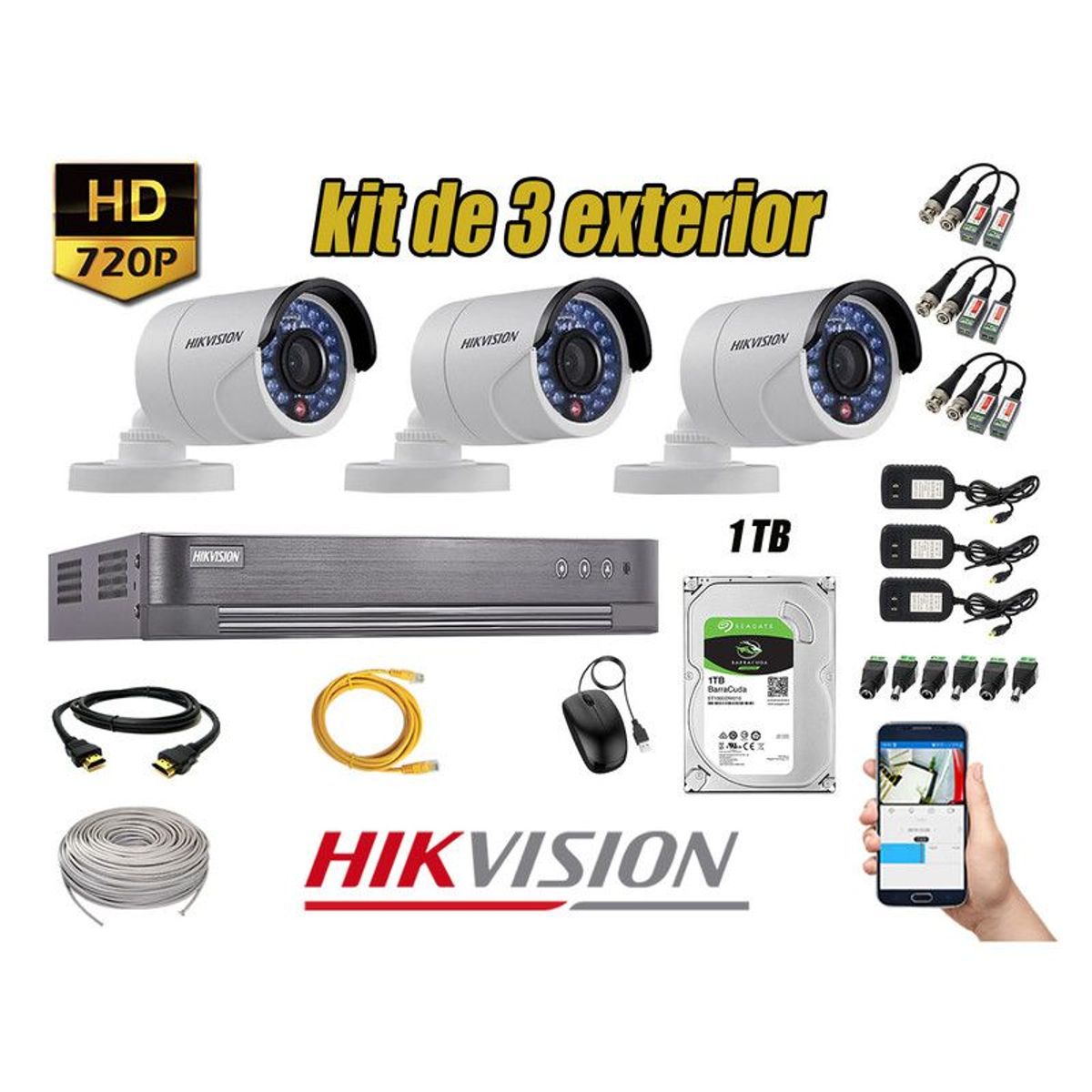 HIKVISION - CÁMARAS SEGURIDAD EXTERIOR KIT 3 HD 720P + DISCO 1TB P2P