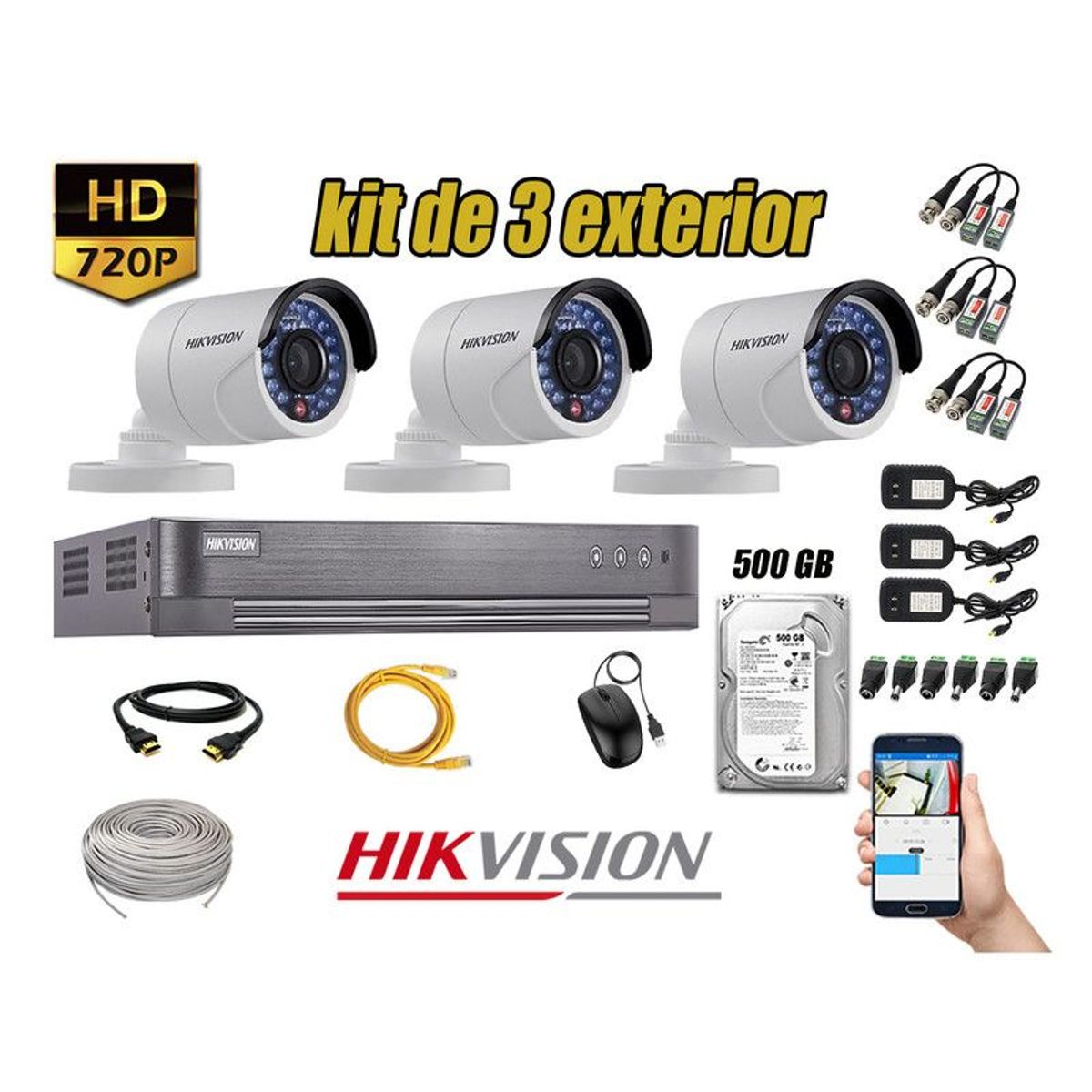 Hikvision - CÁMARAS SEGURIDAD EXTERIOR KIT 3 HD 720P + DISCO 500GB P2P