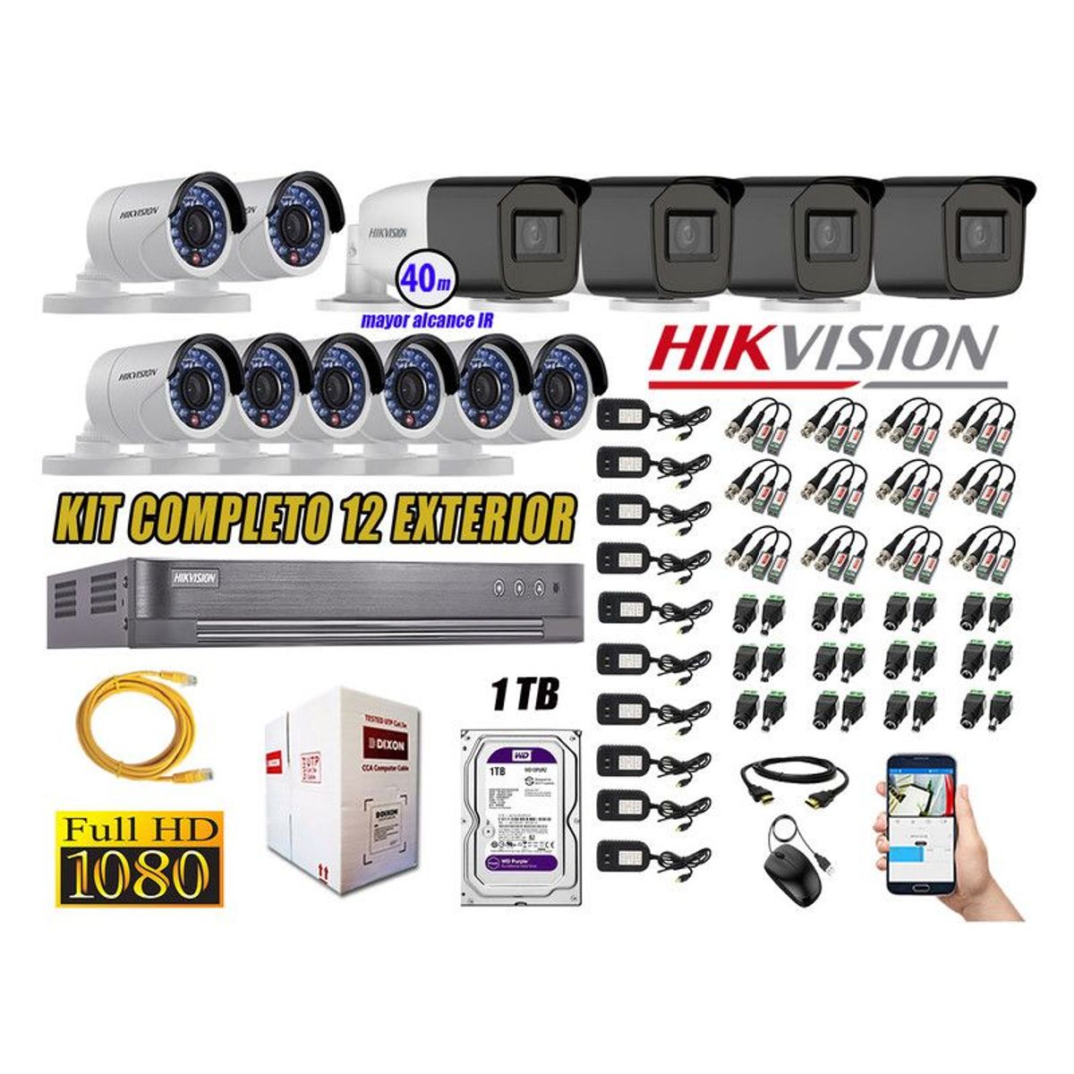 HIKVISION - CÁMARAS SEGURIDAD EXTERIOR KIT 12 VARIFOCAL FULL HD + DISCO 1TB WD