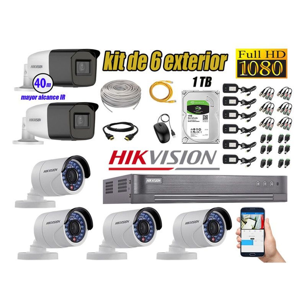 HIKVISION - CÁMARAS SEGURIDAD EXTERIOR KIT 6 VARIFOCAL FULL HD + DISCO 1TB P2P