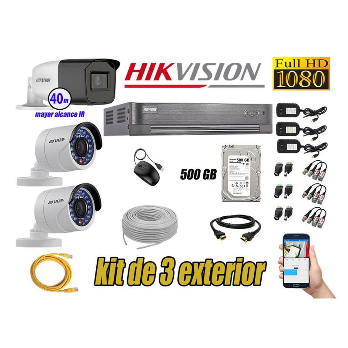 HIKVISION - CÁMARAS SEGURIDAD EXTERIOR KIT 3 VARIFOCAL FULL HD + DISCO 500GB P2P