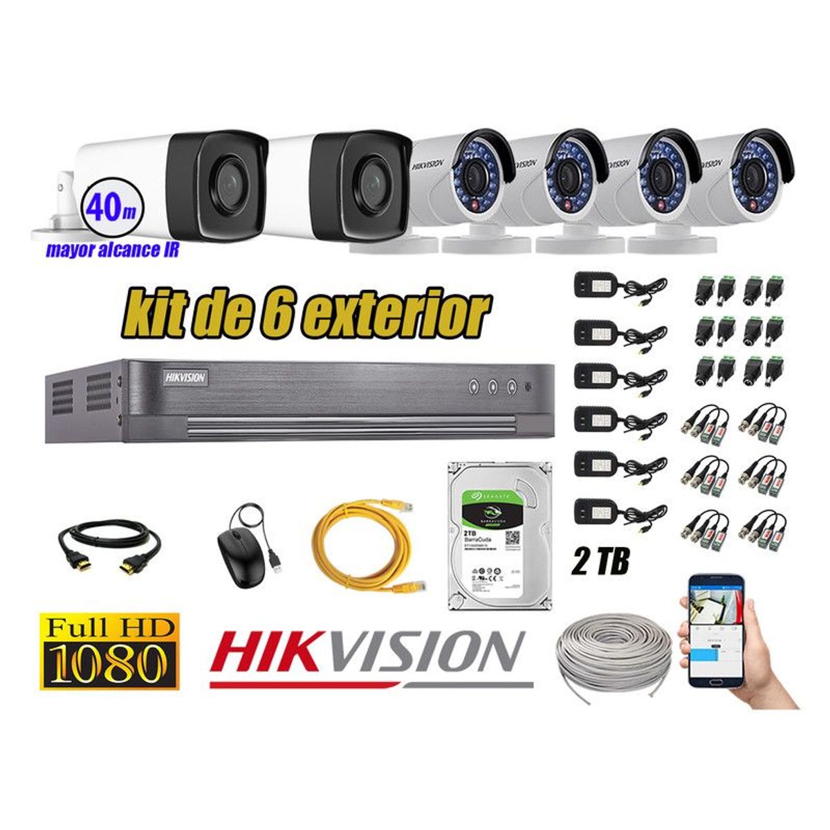 HIKVISION - CÁMARAS SEGURIDAD EXTERIOR KIT 6 IT3F FULL HD + DISCO 2TB P2P
