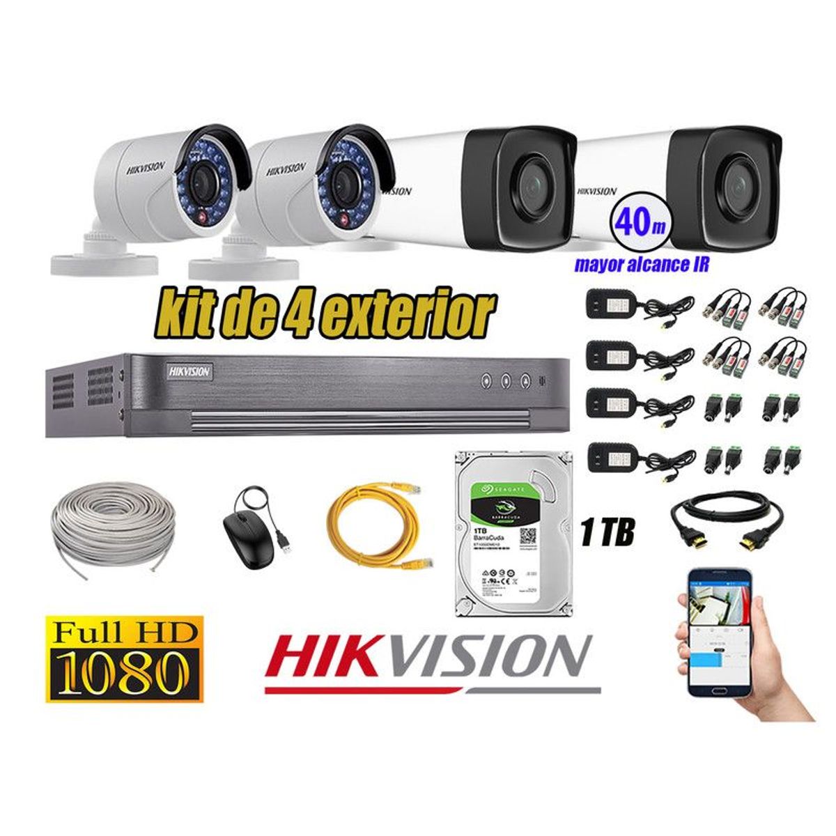 HIKVISION - CÁMARAS SEGURIDAD EXTERIOR KIT 4 IT3F FULL HD + DISCO 1TB WD