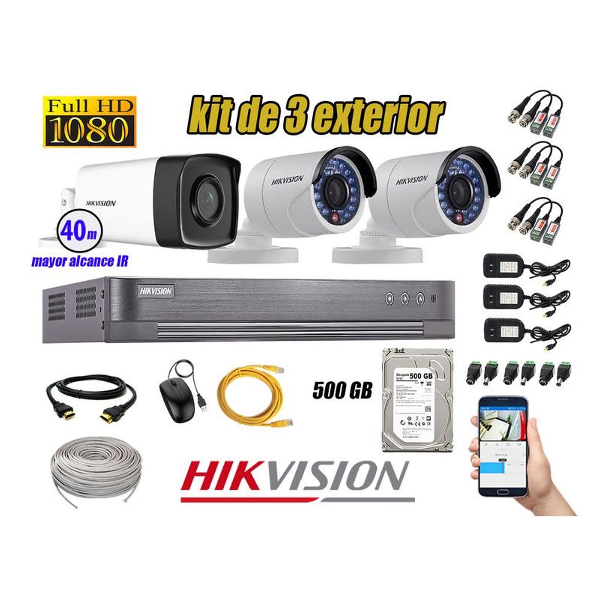 HIKVISION - CÁMARAS SEGURIDAD EXTERIOR KIT 3 IT3F FULL HD+ DISCO 500GB P2P