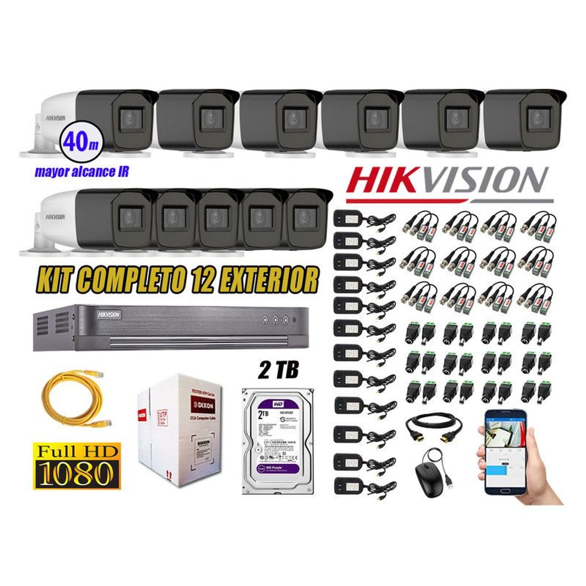 HIKVISION - CÁMARAS SEGURIDAD EXTERIOR KIT 12 VARIFOCAL FULL HD + 2TB WD