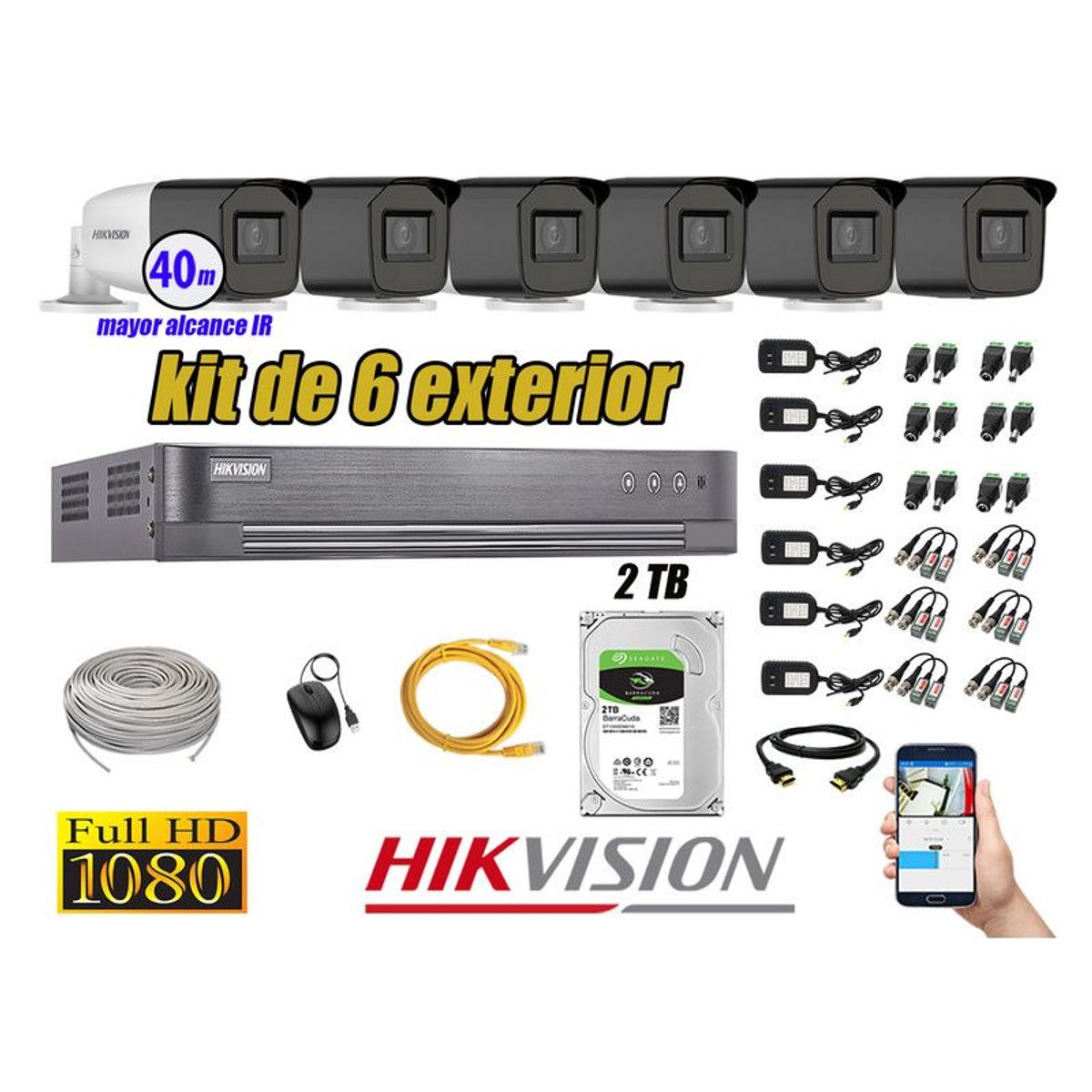 HIKVISION - CÁMARAS SEGURIDAD EXTERIOR KIT 6 VARIFOCAL FULL HD + 2TB P2P