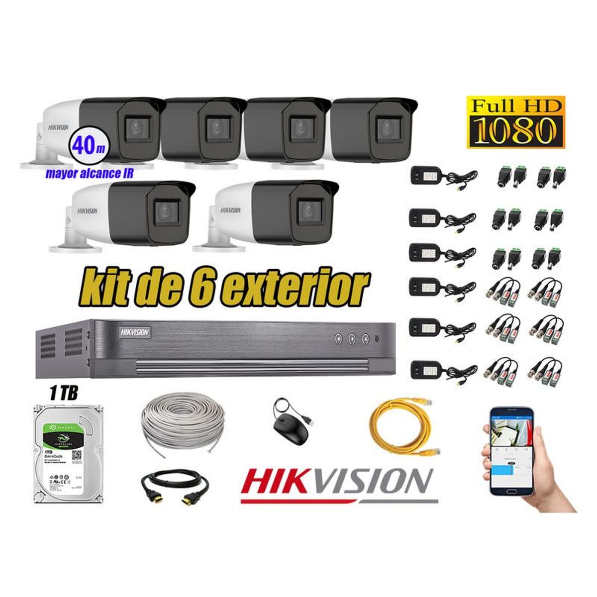 HIKVISION - CÁMARAS SEGURIDAD EXTERIOR KIT 6 VARIFOCAL FULL HD 1TB P2P