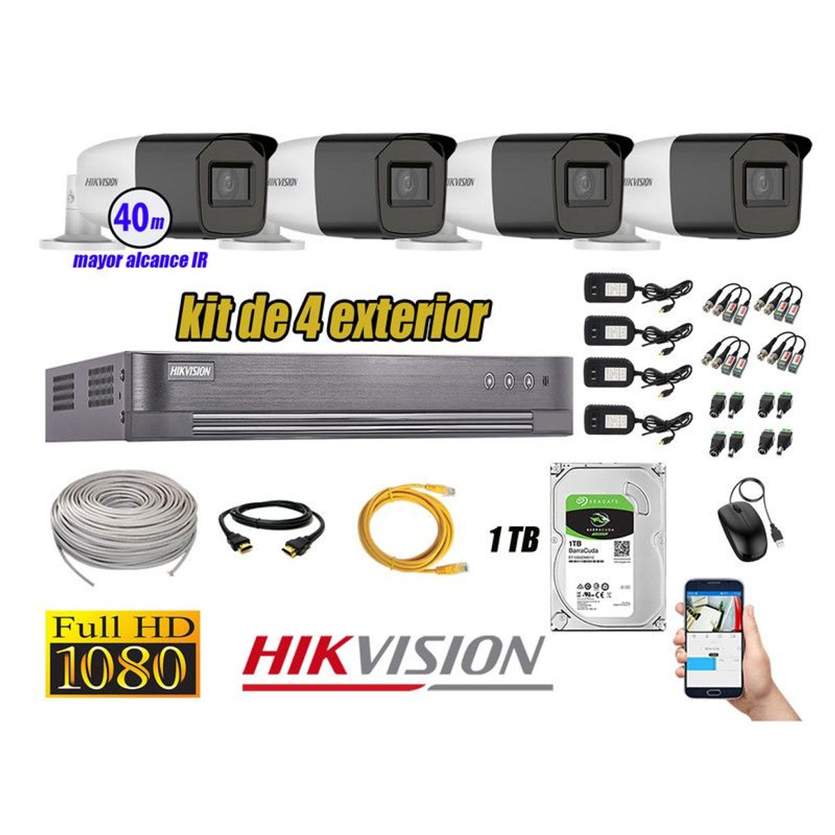 HIKVISION - CÁMARAS SEGURIDAD EXTERIOR KIT 4 VARIFOCAL FULL HD 1TB WD