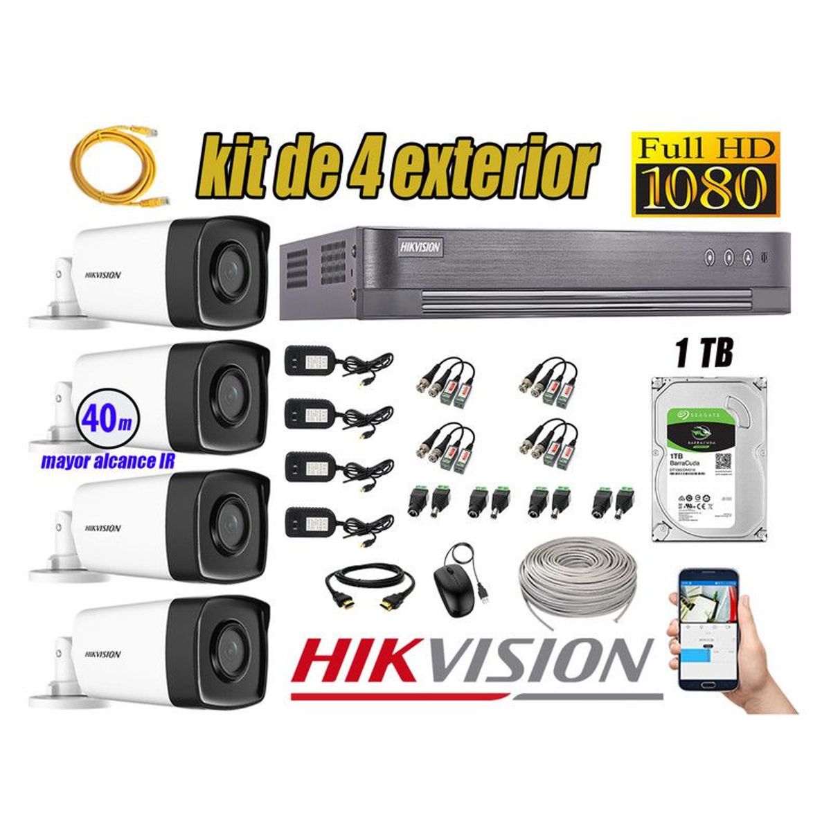 CÁMARAS SEGURIDAD EXTERIOR KIT 4 IT3F FULL HD + DISCO 1TB WD, marca Hikvision - Foto Principal