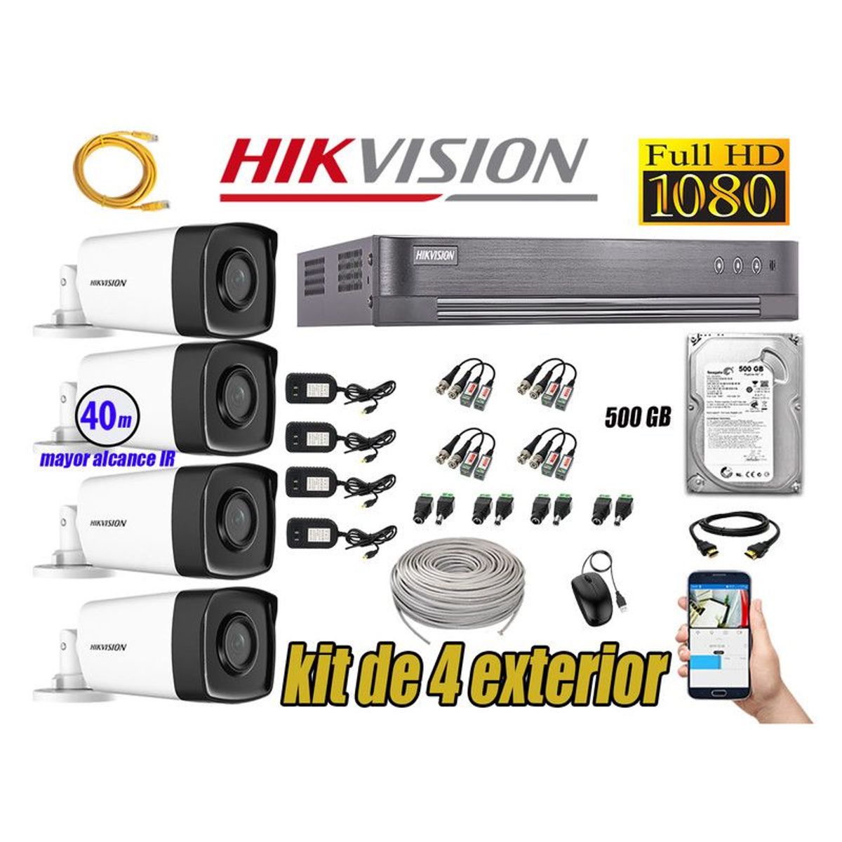 Hikvision - CÁMARAS SEGURIDAD EXTERIOR KIT 4 IT3F FULL HD + DISCO 500GB