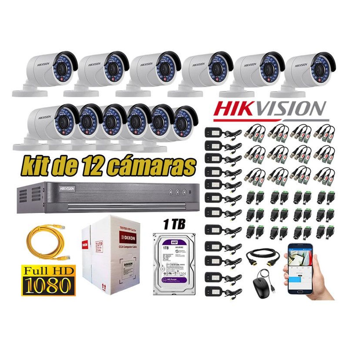HIKVISION - CÁMARAS SEGURIDAD EXTERIOR KIT 12 FULL HD 1080P + DISCO 1TB