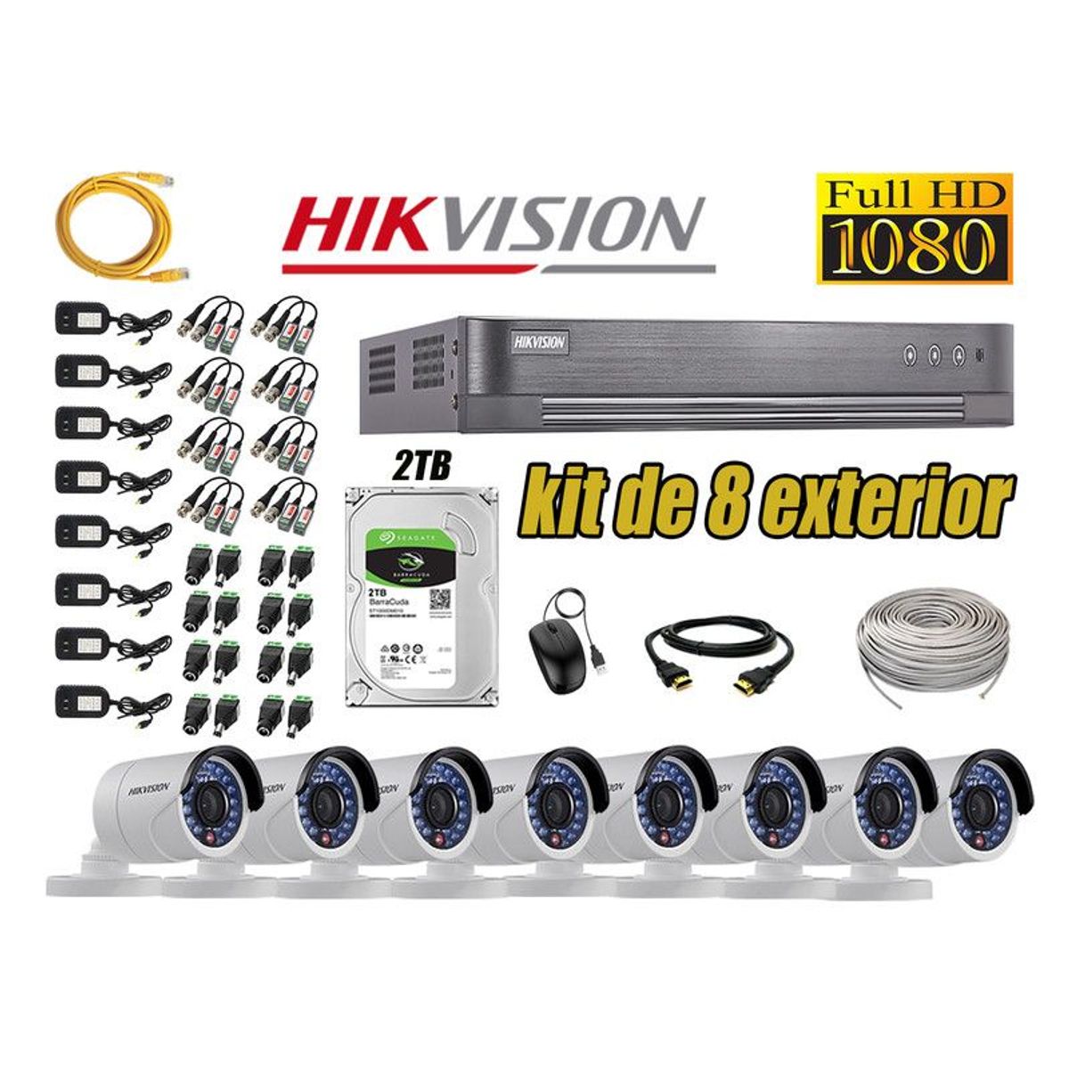 HIKVISION - CÁMARAS SEGURIDAD EXTERIOR KIT 8 FULL HD 1080P + DISCO 2TB