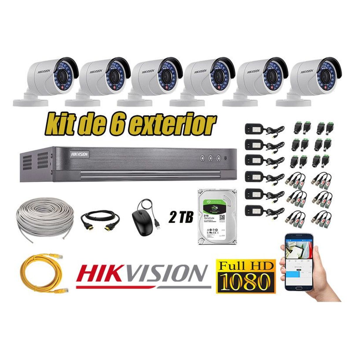 HIKVISION - CÁMARAS SEGURIDAD EXTERIOR KIT 6 FULL HD 1080P + DISCO 2TB