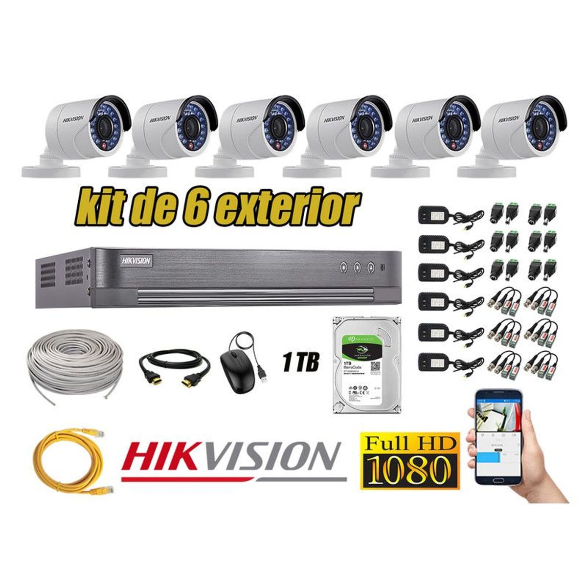 HIKVISION - CÁMARAS SEGURIDAD EXTERIOR KIT 6 FULL HD 1080P + DISCO 1TB