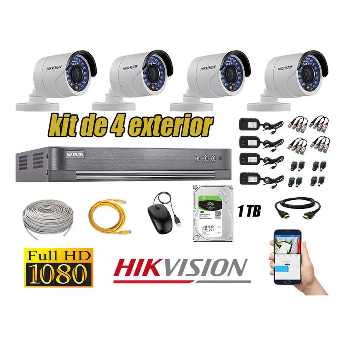 HIKVISION - CÁMARAS SEGURIDAD EXTERIOR KIT 4 FULL HD 1080P + DISCO 1TB
