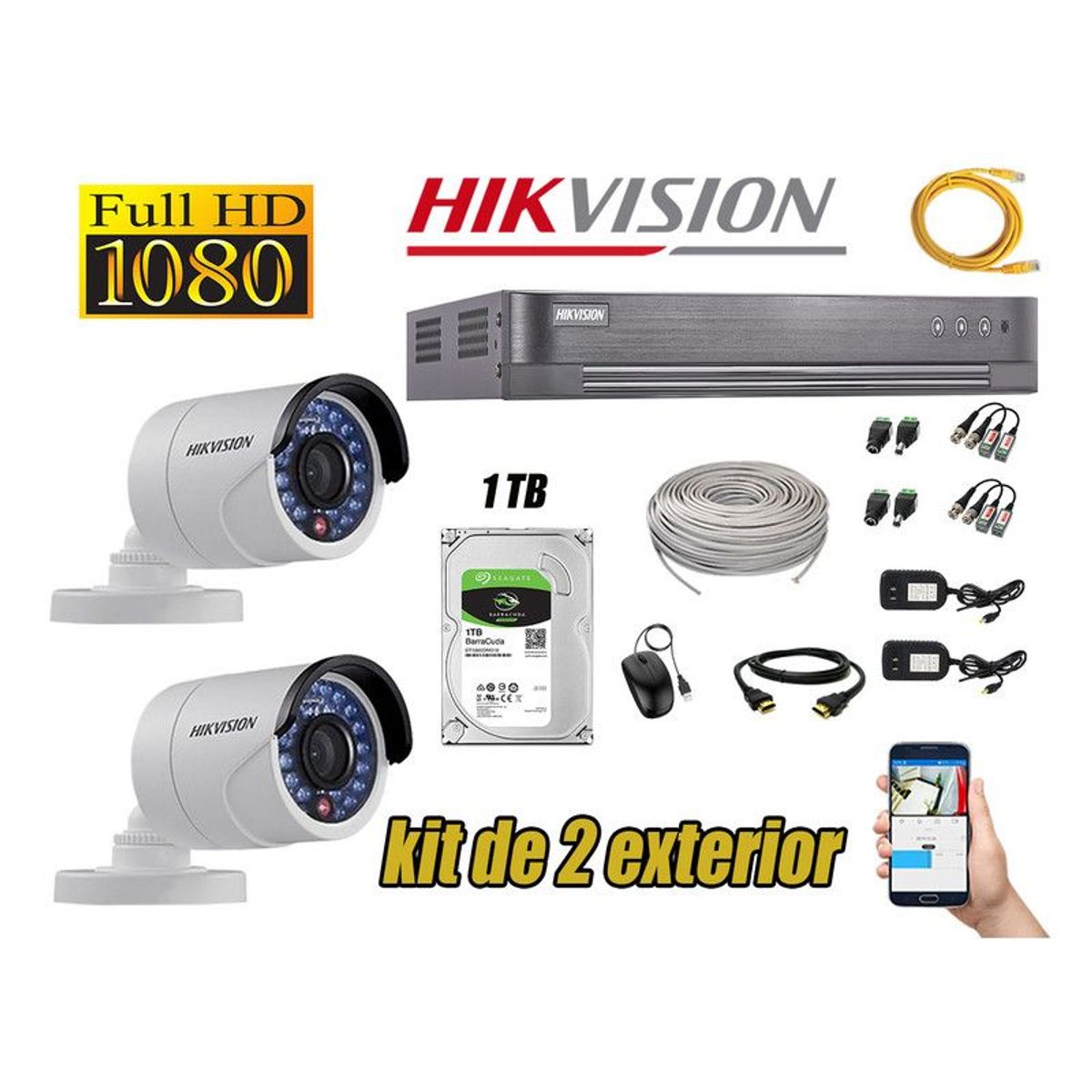 HIKVISION - CÁMARAS SEGURIDAD EXTERIOR KIT 2 FULL HD 1080P + DISCO 1TB