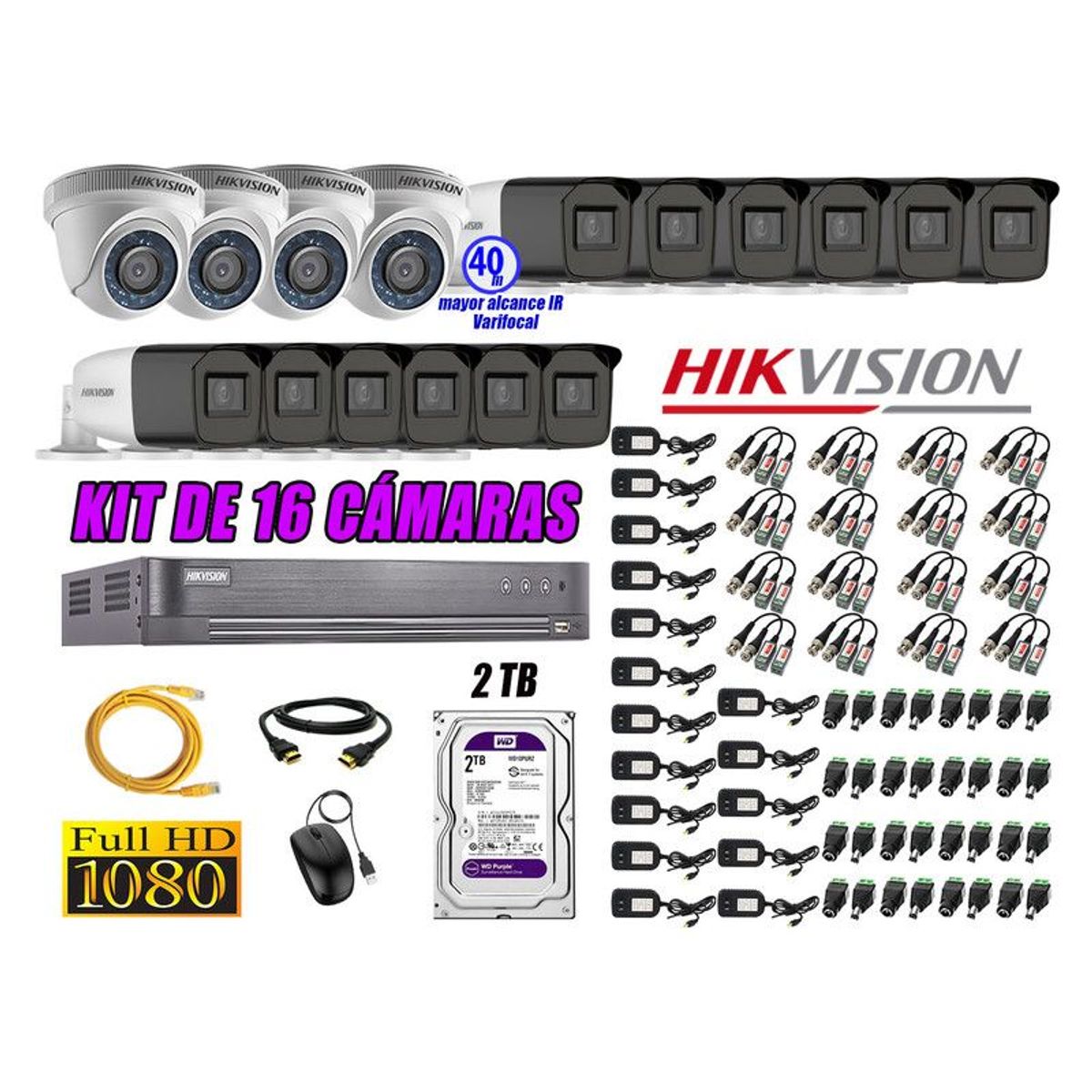 HIKVISION - CÁMARAS SEGURIDAD KIT 16 FULL HD + DISCO 2TB MAYOR ALCANCE VARIFOCAL