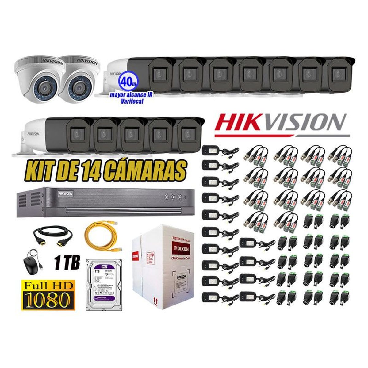 HIKVISION - CÁMARAS SEGURIDAD KIT 14 FULL HD + DISCO 1TB MAYOR ALCANCE VARIFOCAL