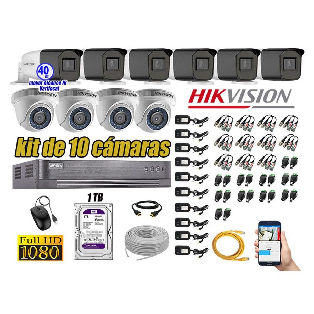 HIKVISION - CÁMARAS SEGURIDAD KIT 10 FULL HD + DISCO 1TB MAYOR ALCANCE VARIFOCAL