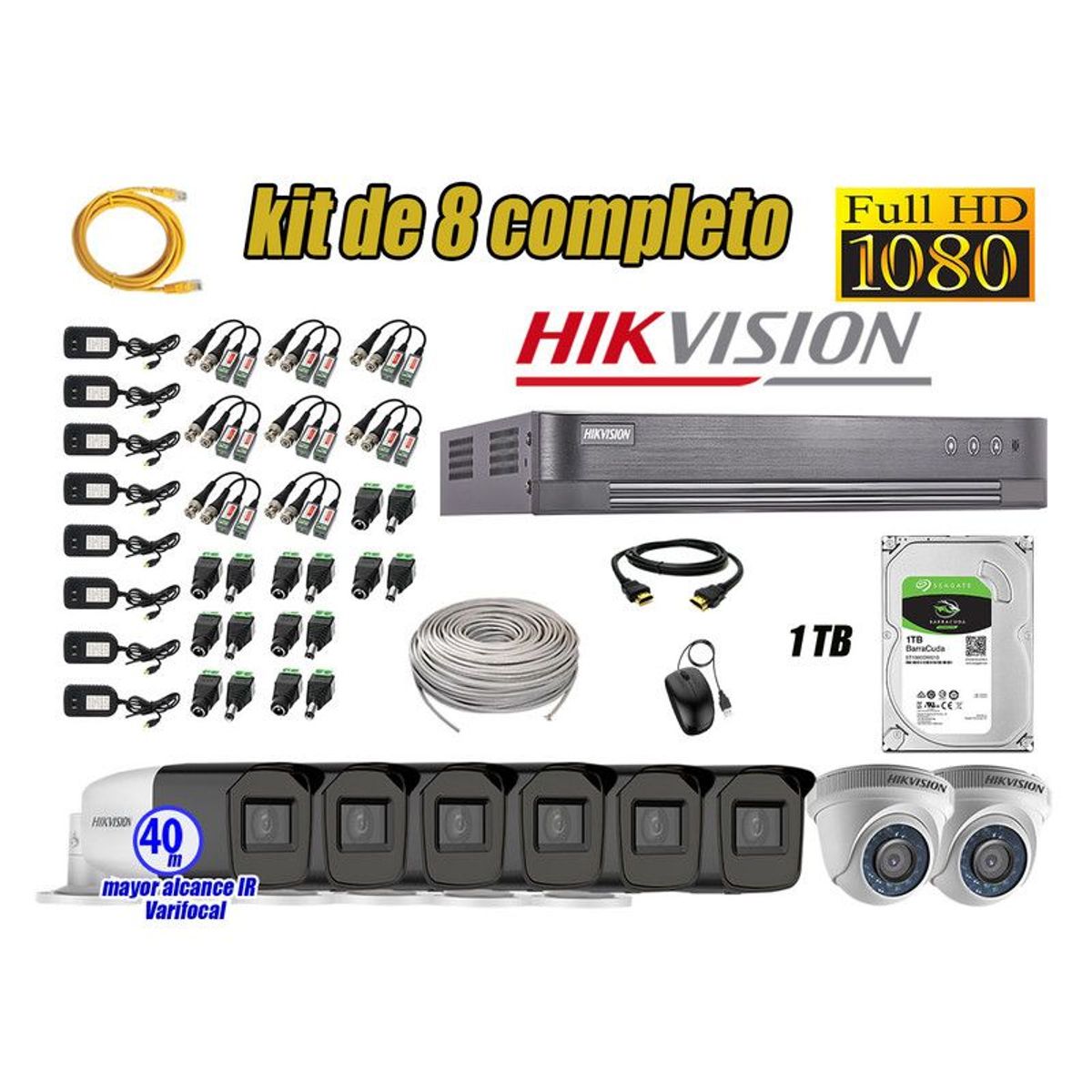 HIKVISION - CÁMARAS SEGURIDAD KIT 8 FULL HD + DISCO 1TB MAYOR ALCANCE VARIFOCAL