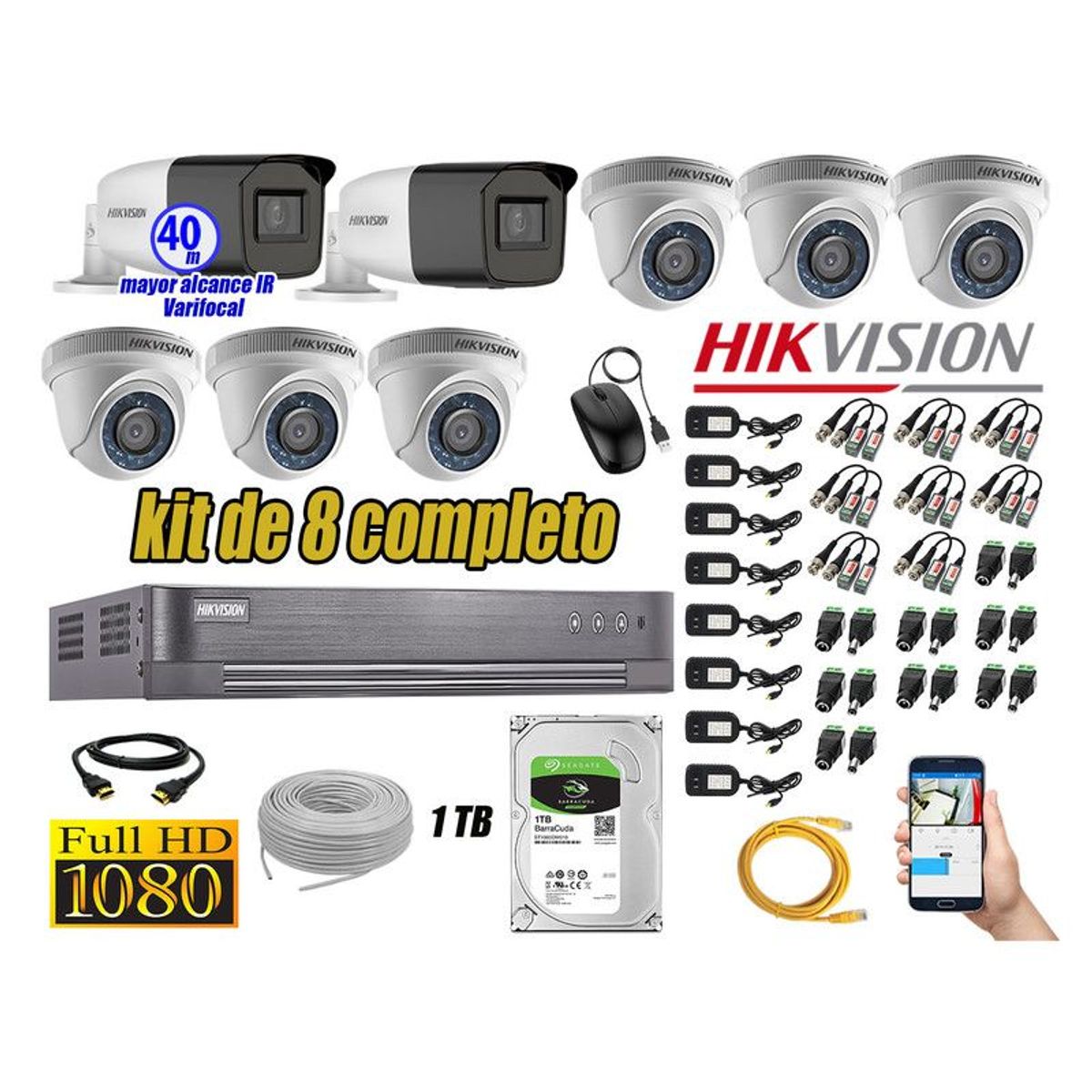 HIKVISION - CÁMARAS SEGURIDAD KIT 8 FULL HD + DISCO 1TB MAYOR ALCANCE VARIFOCAL