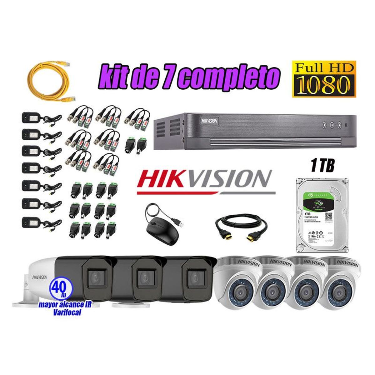 Hikvision - CÁMARAS SEGURIDAD KIT 7 FULL HD + DISCO 1TB MAYOR ALCANCE VARIFOCAL