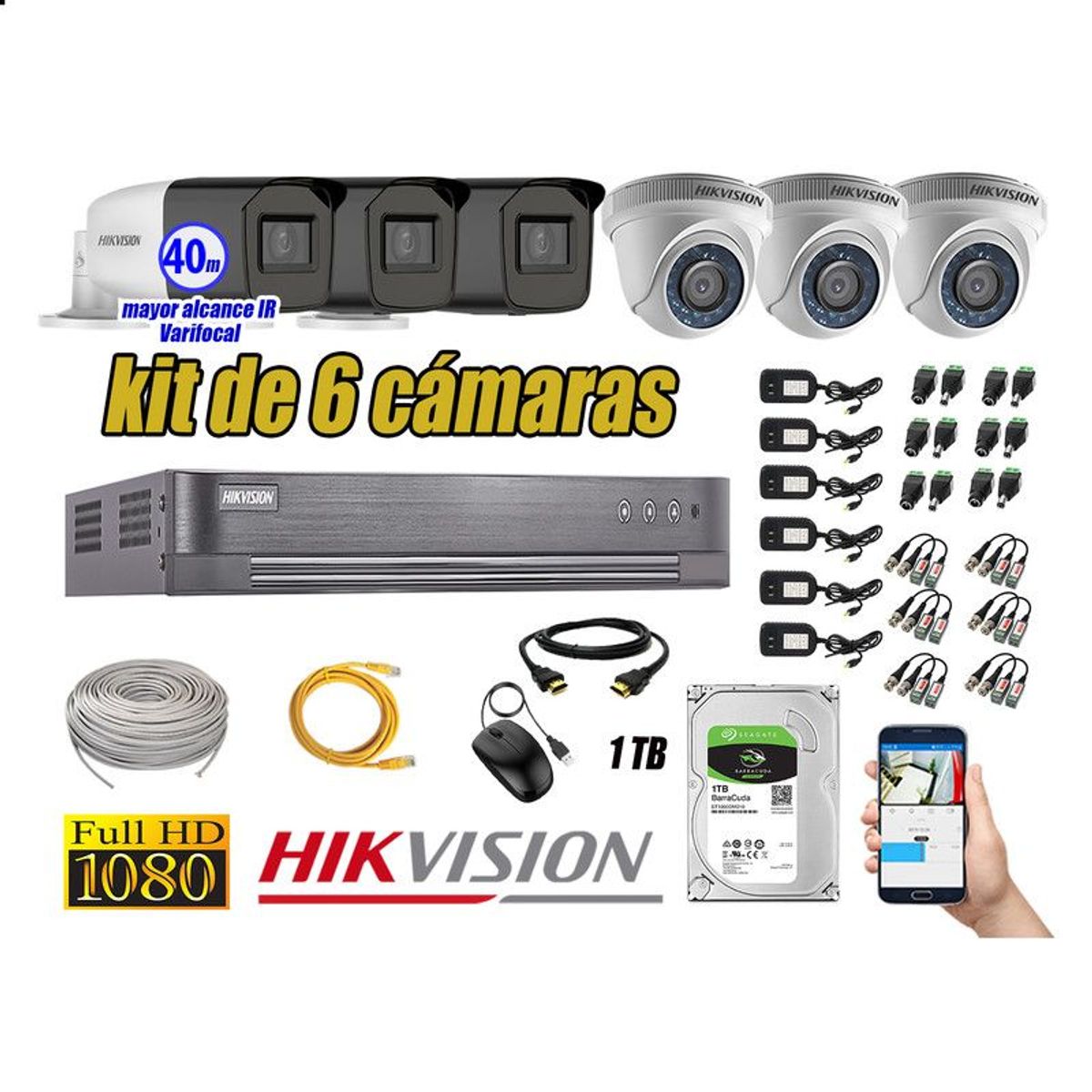 HIKVISION - CÁMARAS SEGURIDAD KIT 6 FULL HD + DISCO 1TB MAYOR ALCANCE VARIFOCAL