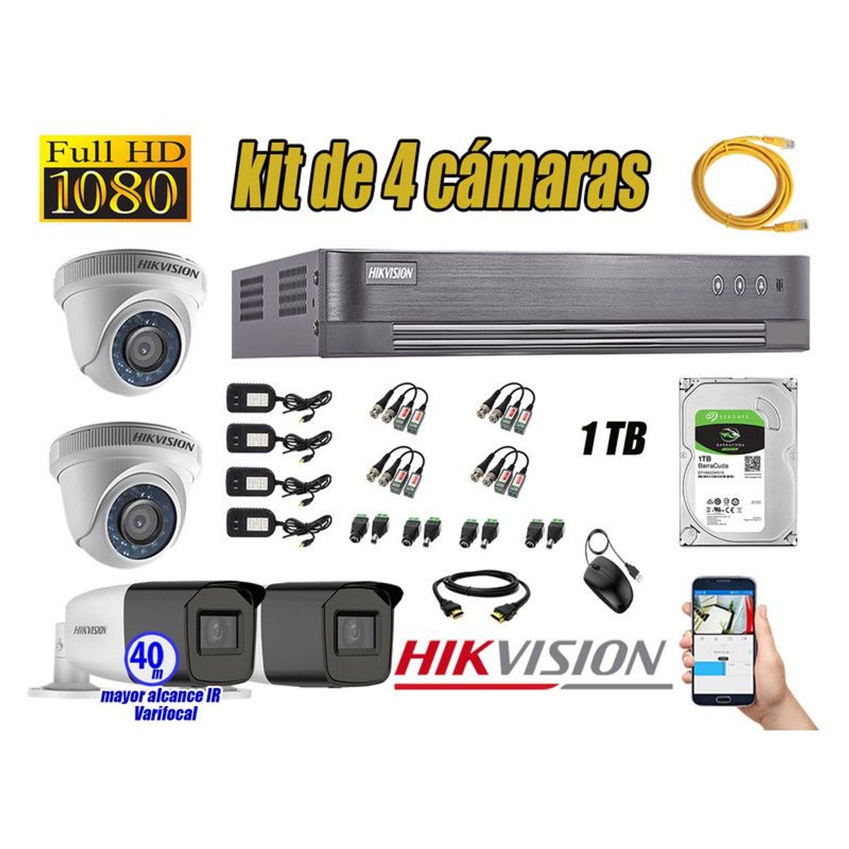 HIKVISION - CÁMARAS SEGURIDAD KIT 4 FULL HD + DISCO 1TB MAYOR ALCANCE VARIFOCAL