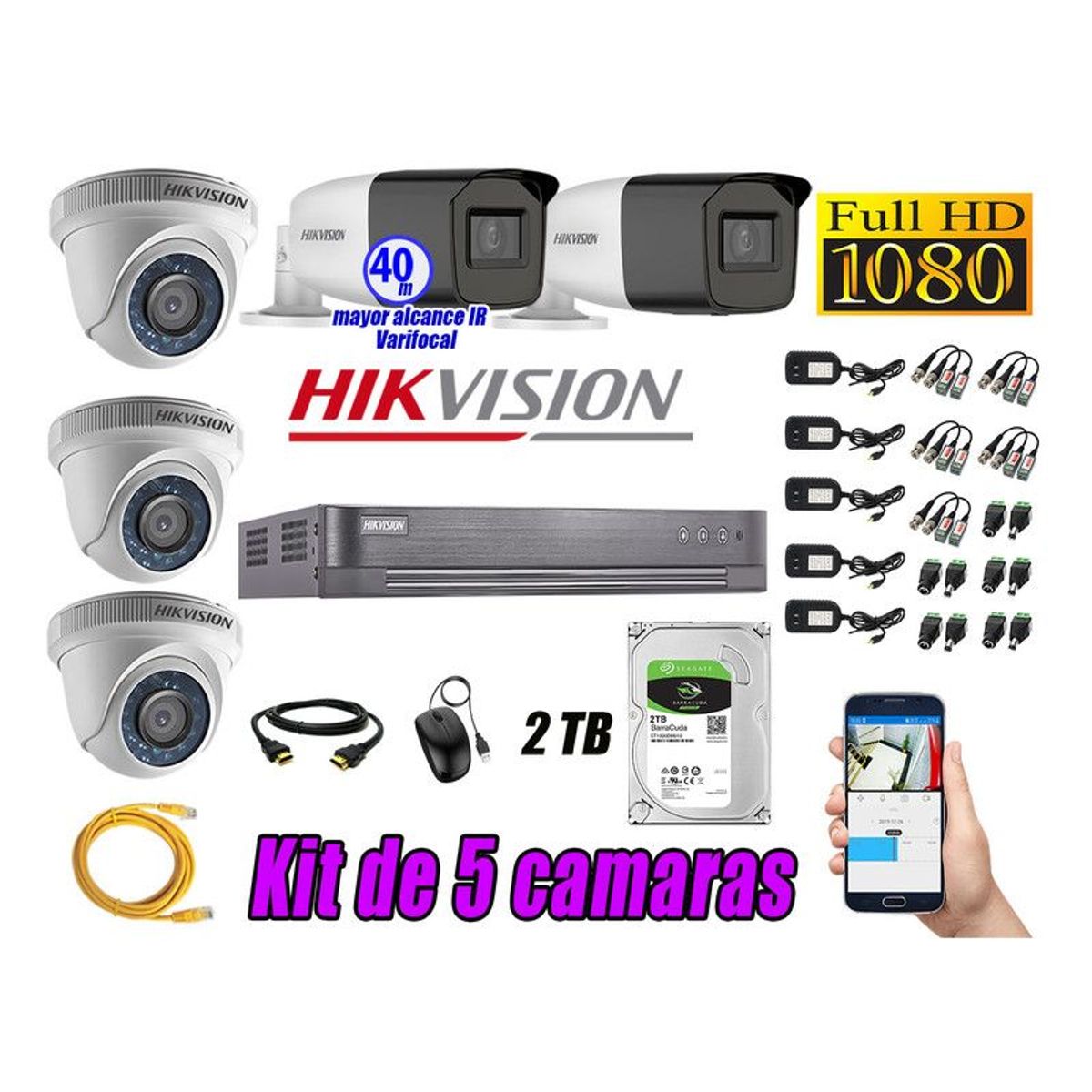 HIKVISION - CÁMARAS SEGURIDAD KIT 5 FULL HD + DISCO 2TB MAYOR ALCANCE VARIFOCAL