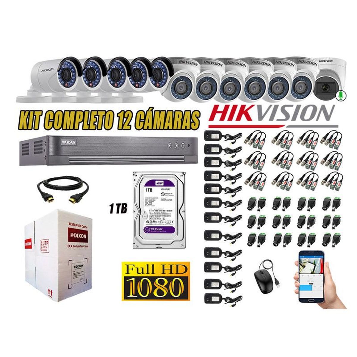 HIKVISION - CÁMARAS SEGURIDAD KIT 12 FHD 1080P + DISCO 1TB WD 1 CAMARA MICROFONO