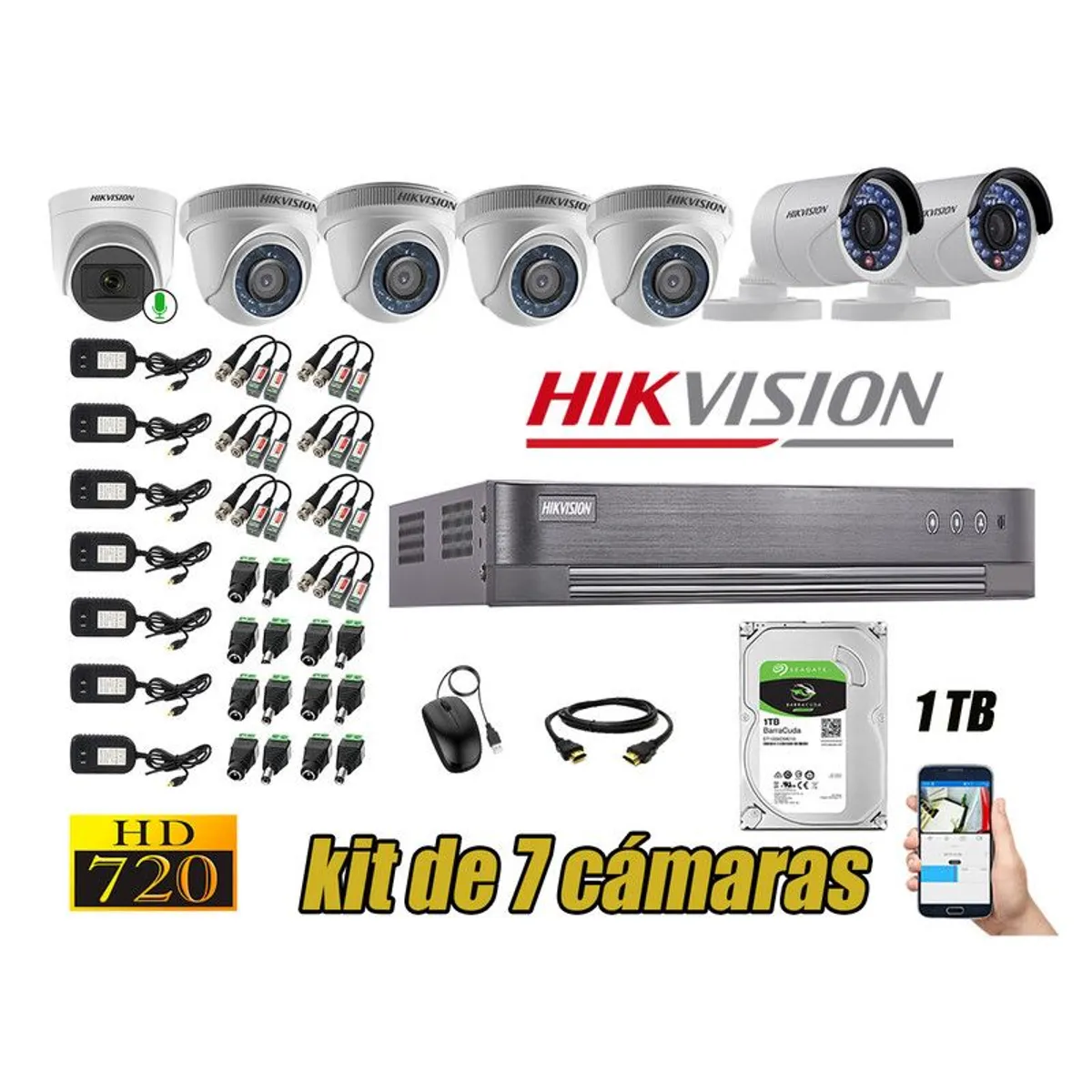 Hikvision - CÁMARAS SEGURIDAD KIT 7 HD 720P + DISCO 1TB 1 CAMARA MICROFONO