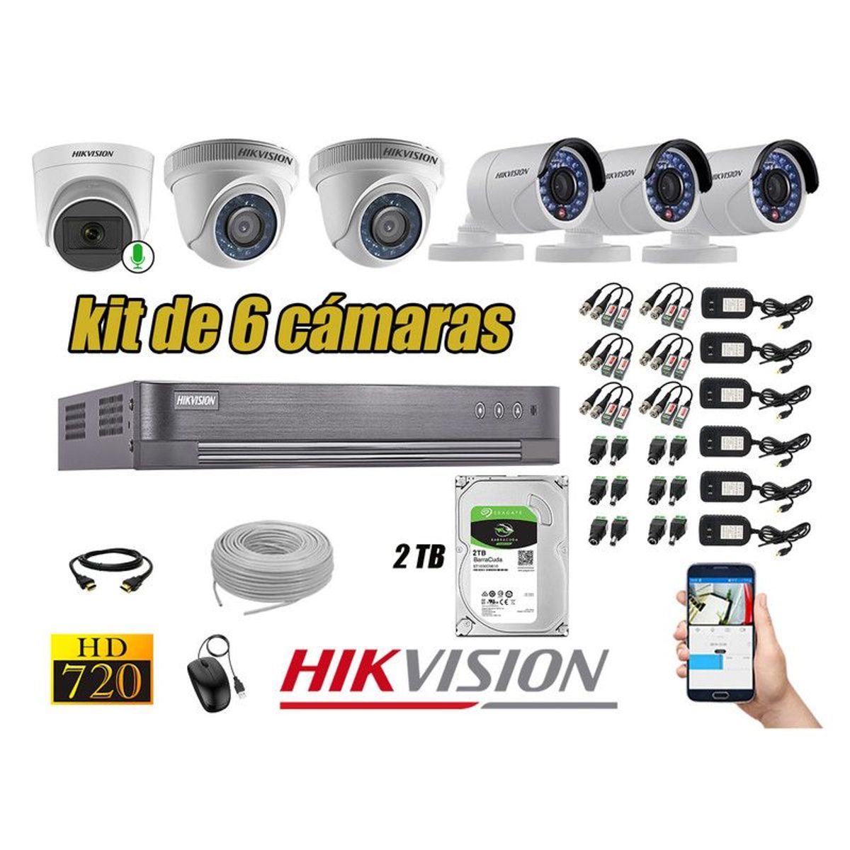 HIKVISION - CÁMARAS SEGURIDAD KIT 6 HD 720P + DISCO 2TB 1 CAMARA MICROFONO