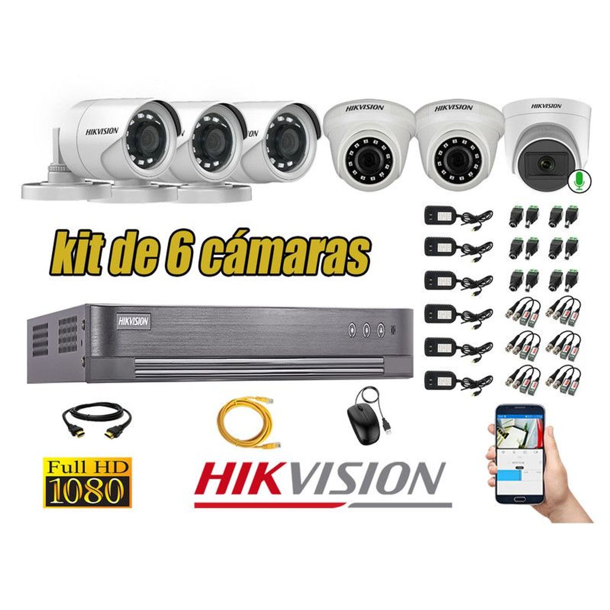 HIKVISION - CÁMARAS SEGURIDAD KIT 6 FULL HD 1080P 1 CAMARA MICROFONO