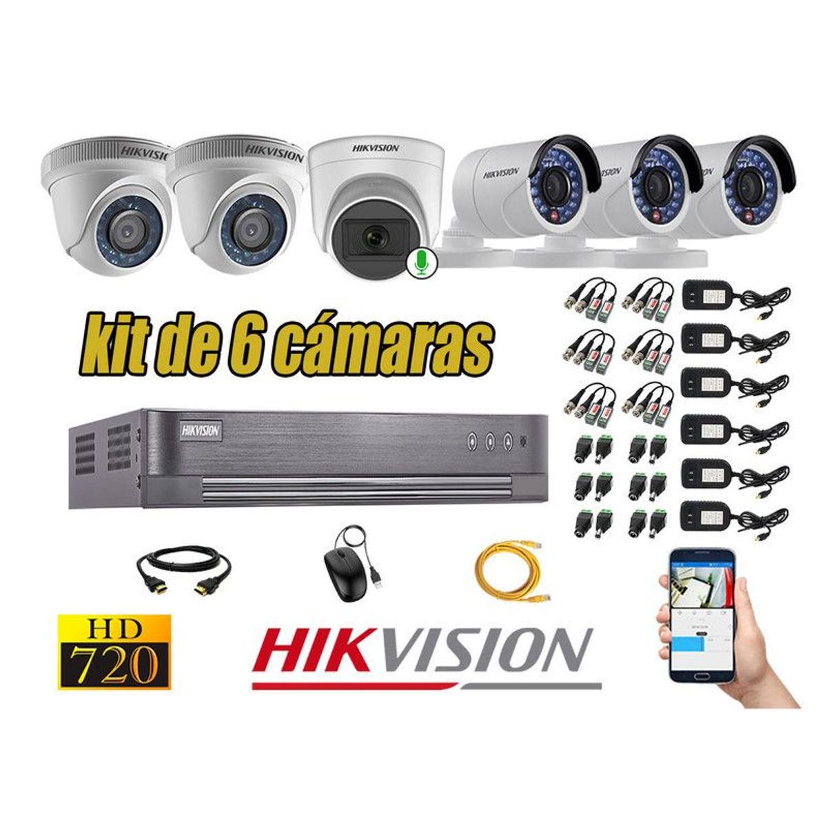 HIKVISION - CÁMARAS SEGURIDAD KIT 6 HD 720P 1 CAMARA MICROFONO