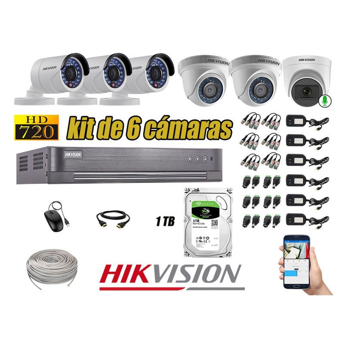 HIKVISION - CÁMARAS SEGURIDAD KIT 6 HD 720P + DISCO 1TB 1 CAMARA MICROFONO