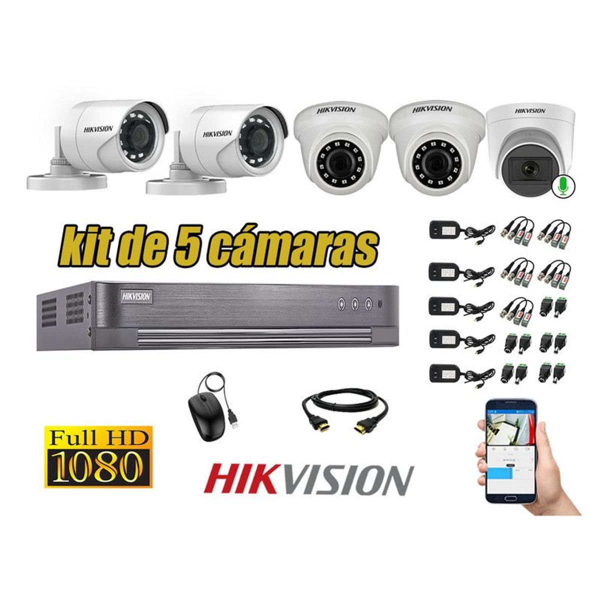 HIKVISION - CÁMARAS SEGURIDAD KIT 5 FULL HD 1 CAMARA MICROFONO
