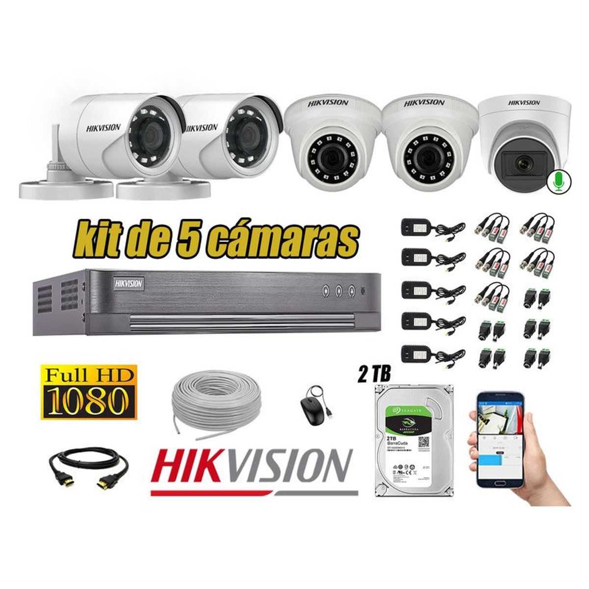 HIKVISION - CÁMARAS SEGURIDAD KIT 5 FULL HD 1080P + DISCO 2TB 1 CAMARA MICROFONO