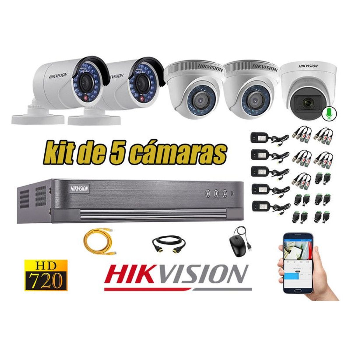 HIKVISION - CÁMARAS SEGURIDAD KIT 5 HD 720P 1 CAMARA MICROFONO
