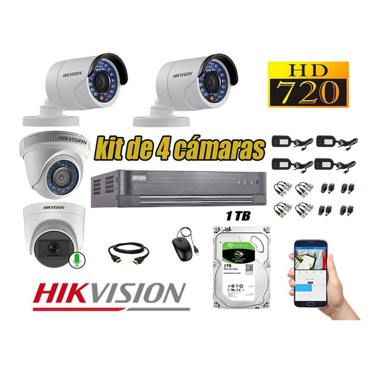 HIKVISION - CÁMARAS SEGURIDAD KIT 4 HD 720P + DISCO 1TB 1 CAMARA MICROFONO